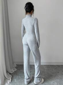 SHEIN LUNE Women's Solid Color Turtleneck Long Sleeve Drawstring Simple Casual Knitted Jumpsuit