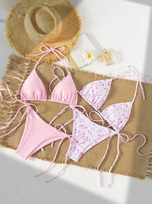 Swim Mod 2 piezas Bikini de mujer de primavera con diseño minimalista para vacaciones en la playa, con parte superior de tirantes y estampado floral ditsy