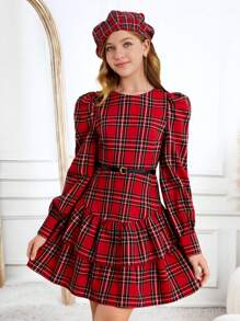SHEIN Vestido de burbuja a cuadros rojos vintage para adolescentes, ideal para Navidad, Acción de Gracias, días festivos, retro, a cuadros, fiesta, rojo, invierno, otoño, Nochevieja - Rojo - Ver 1