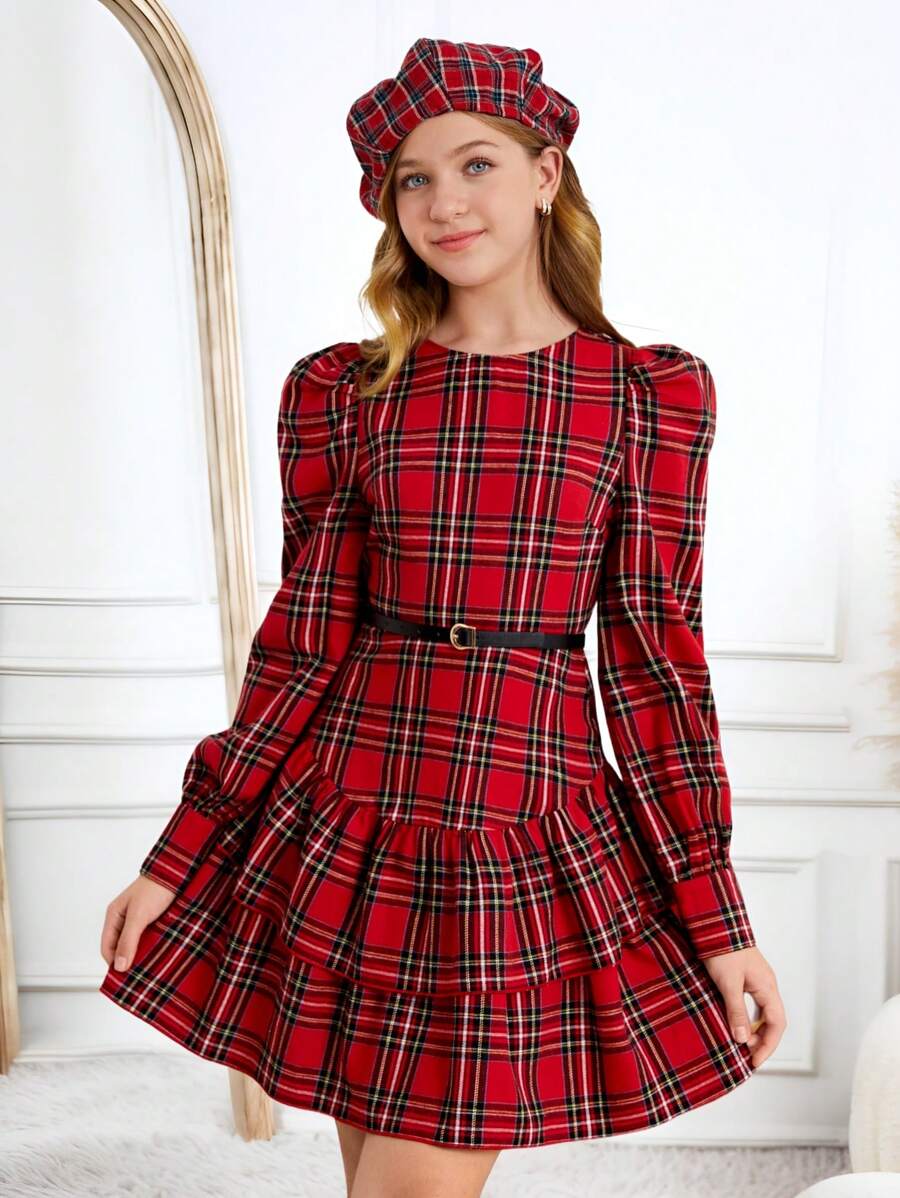 SHEIN Vestido de burbuja a cuadros rojos vintage para adolescentes, ideal para Navidad, Acción de Gracias, días festivos, retro, a cuadros, fiesta, rojo, invierno, otoño, Nochevieja - Rojo - Ver 1