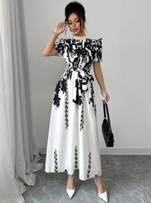 Calvaya Plant Print Stand Collar Ruffle Trim Empire Waist Women Short Sleeve Dress