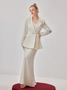 Modelyn Women's Elegant Peter Pan Collar Long Sleeve Pleated Hem Business Blazer Jacket, Spring & Autumn - White - View 6