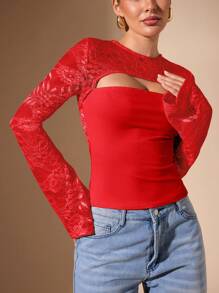 SHEIN BAE Top de punto de manga larga con cuello ahuecado de color negro sólido para mujer, básico simple y sexy con encaje empalme, adecuado para salir, citas, fiestas nocturnas, otoño/invierno - Rojo - Ver 7