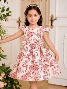 SHEIN Glamorique Kids 复活节花童、生日派对、婚礼礼服 - 女孩公主裙、短袖、前蝴蝶结、提花花卉图案、红色，适合特殊场合、舞台表演、派对、拍照 - 所有季节 - 紅色 - 查看 7