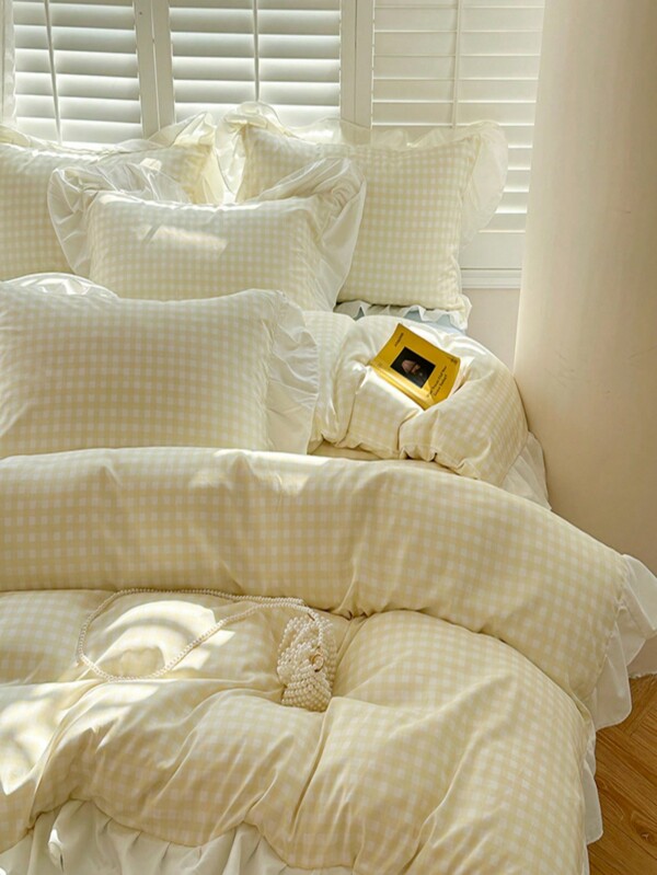 Juego de funda nórdica con volantes a cuadros, simple y fresco, decoración de otoño, decoración de la habitación