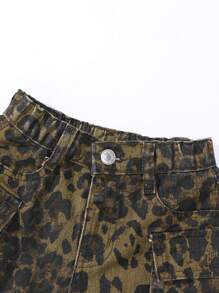 SHEIN 年轻女孩豹纹3D工装牛仔短裤，甜美街头风格 - 咖啡棕 - 查看 5