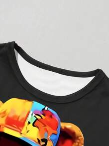 SHEIN Conjunto de camiseta de manga corta y pantalones cortos informal con diseño de oso de peluche genial y graffiti para niño preadolescente, niños grandes