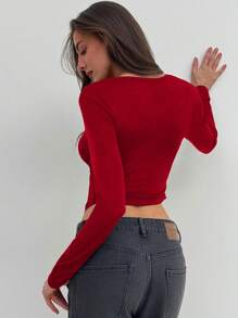 Aloruh 女士纯色镂空长袖褶皱 T 恤，休闲日常穿着 - 紅色 - 查看 5