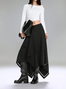 LYSMO 女士纯色荷叶边不对称下摆时尚半身裙