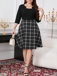 SHEIN Clasi Plus Size Plaid Print Elegant Zipper Closure Dress - Multicolor - View 8