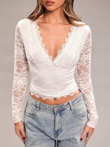 SHEIN BAE Women V-Neck Lace Patchwork Long Sleeve T-Shirt - White - View 5