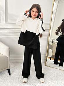 SHEIN Leap Crew 青少年女孩超大休闲拼布连帽衫，搭配不对称下摆运动裤运动套装