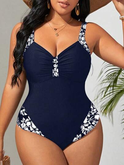 SHEIN Swim Curve Plus Size Vacation Beach Floral Print Patchwork Spaghetti Strap One-Piece Swimsuit Summer