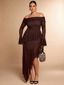 SHEIN BAE Plus Size Women's Spring Autumn Winter Solid Black Mesh Tulle One Shoulder Ruffle Decoration High Slit Hem Long Dress, Elegant Sexy Dress, Sweet Dress, Romantic Date Dress, Valentine's Day Dress, New Year Dress, Festival Dress, Party Dress - Coffee Brown - View 3