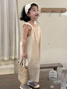 DAZY Young Girl Square Collar Frill Sweet Solid Wide-Leg Jumpsuit, Summer - Apricot - View 4