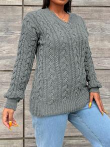 EURMUSE Plus Cable Knit Drop Shoulder Sweater, For Winter - Grey - View 5