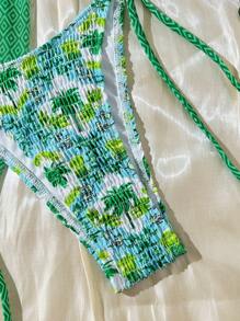 SHEIN Swim Bộ trang phục đi biển mùa hè 3 món cho nữ, áo ngực hở lưng, áo tankini ren hai bên họa tiết cây cọ, quần bikini buộc dây hai bên, váy đi biển xẻ tà buộc dây, phong cách lễ hội Boho - màu xanh lá - Xem 4