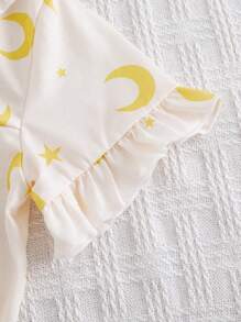 Young Girl Moon & Star Print Ruffle Hem Open Front Short Sleeve Pajama Set, Suitable For Family Gatherings - Yellow - View 6