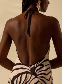 CAJUNI 女士波西米亚热带风情黑色和米色印花 V 领无袖露背迷你连衣裙，海滩度假休闲夏季太阳裙 - 彩色 - 查看 6