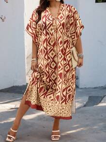 Rometta 大码女式休闲几何印花侧开衩连衣裙、度假连衣裙 - 彩色 - 查看 7