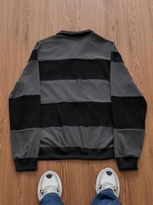 SWAVVY Men's Casual Knitted Loose Fit Long Sleeve Half Button Sweatshirt For Daily Wear, Going Out Letter Color Block Sweatshirt, For Friends, Husband, Boyfriend Gifts, For Fall, Winter - Black - View 2