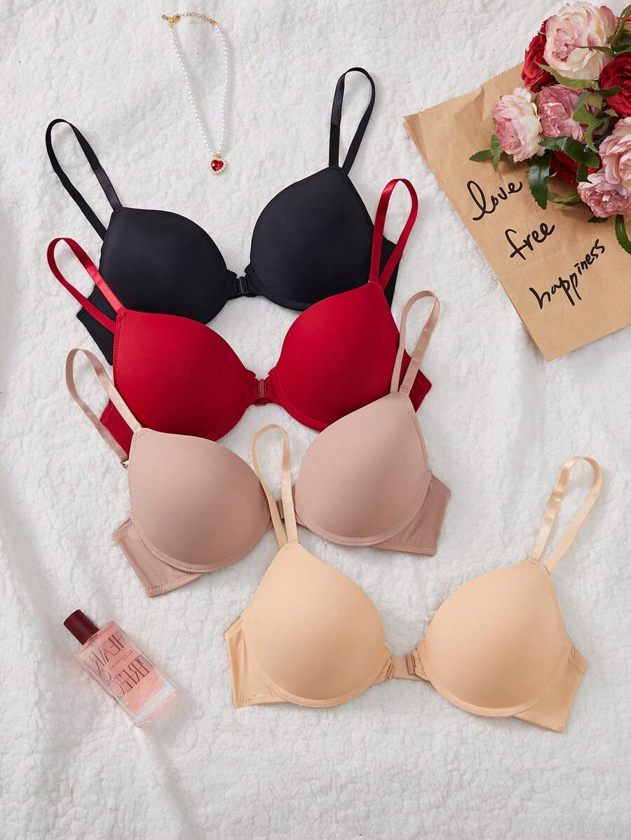 paquete de 4 sujetadores con cierre delantero minimalistas para mujer con aros, sujetadores diarios casuales que brindan elevación y soporte