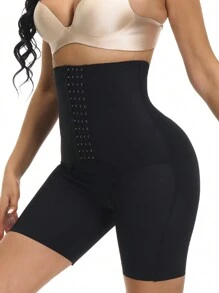 Women's High Stretch Black Plain Casual Shorts Shapewear With Button Front - Black - View 3