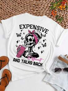 SHEIN Slayr 女士骷髅印花圆领短袖 T 恤、夏季图案 T 恤、万圣节服装 - 白色 - 查看 2