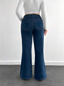 EURMUSE 98%Cotton Ladies Plus Size Flared Jeans With Slant Pockets - Dark Wash - View 2