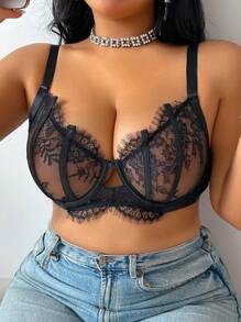 Snug Zone Große Größen Vintage Volldeckung Sexy BH mit Draht, romantische französische Kontrastspitze, Alltagstragen Sexy Wäsche, Lift - Schwarz - Übersicht 3