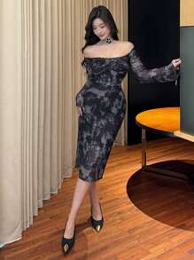 DAZY 女式露肩扎染长袖花卉、荷叶边、秋季连衣裙 - 黑色 - 查看 6