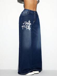 SHEIN ICON Women's Cross Printed Pocket Loose Fit Casual Jeans