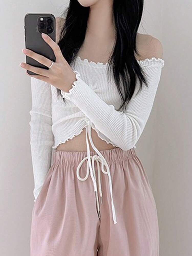 Women's Solid Color Off Shoulder Drawstring Cropped Sweater, White, Spring/Summer