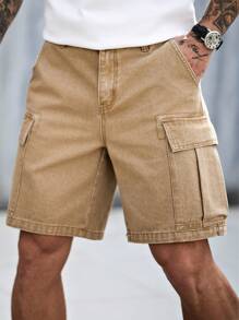 Manfinity Homme Men's Casual Washed Khaki Cargo Denim Shorts - Khaki - View 7