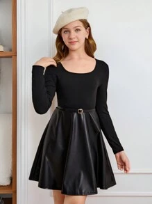 SHEIN Teen Girl Black/Autumn/Winter/Casual/U-Shaped Collar/Knitted Splicing PU/Long-Sleeved Waist Dress, For Christmas