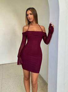 Aloruh Women's Elegant Sexy Off Shoulder Trumpet Sleeve Tie Bodycon Mini Dress Women's Elegant Valentines Day Dress Women's Elegant Long Sleeve Dress