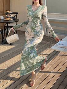 DAZY فستان نسائي ضيق بطبعات زهرية وأكمام طويلة وياقة على شكل حرف V، أنيق، فستان خريفي