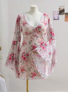 Soleia Plus Size Women's Resort Spring V-Neck Floral Print Mesh Ruffle Trim Flare Long Sleeve Mini Dress - Multicolor - View 1