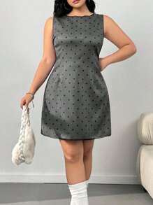 SHEIN EZwear Plus Size Grey Retro Polka Dot Waist Cinched Dress, Spring,Valentine's Day - Grey - View 4