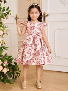 SHEIN Glamorique Kids 复活节花童、生日派对、婚礼礼服 - 女孩公主裙、短袖、前蝴蝶结、提花花卉图案、红色，适合特殊场合、舞台表演、派对、拍照 - 所有季节 - 紅色 - 查看 1