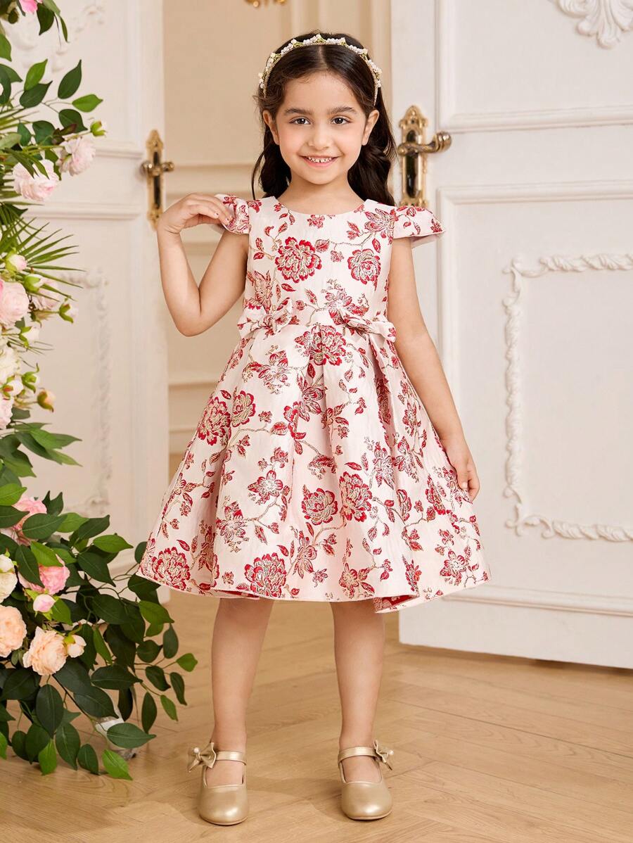 SHEIN Glamorique Kids 复活节花童、生日派对、婚礼礼服 - 女孩公主裙、短袖、前蝴蝶结、提花花卉图案、红色,适合特殊场合、舞台表演、派对、拍照 - 所有季节 - 紅色 - 查看 1