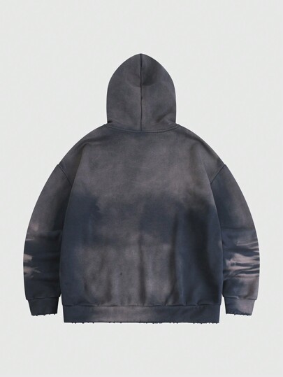 Grunge Punk Men's Zebra Print Distressed Drawstring Hoodie Sweatshirt