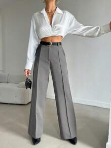 EURMUSE Women's Solid Color Front Button Straight Leg Casual Pants, Daily Wear - Light Grey - View 5