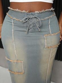 SHEIN CURVE+ Falda de mezclilla desgastada informal de talla grande - Azul - Ver 4