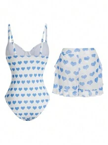 Swim Mod 1 件女式蝴蝶结细节心形印花连体度假泳衣和短裤，适合夏季海滩度假 - 藍色 - 查看 2