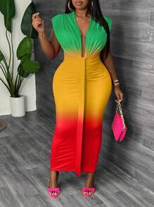 Slaydiva Plus Size Elegant Summer Ombre V-Neck Sleeveless Bodycon Dress - Multicolor - View 1