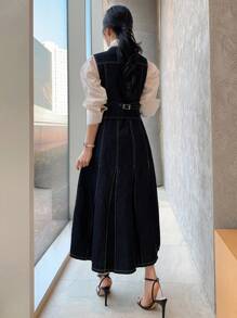 DAZY 女士牛仔外套+牛仔裙两件套 - 深色水洗藍 - 查看 3