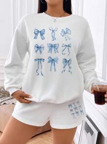 Slaydiva Bộ 2 áo nỉ dài tay cổ tròn nơ cỡ lớn và quần nỉ, phù hợp cho mùa xuân và mùa thu cho bé gái - trắng - Xem 2