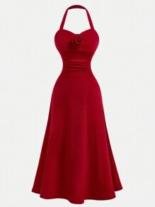 Girlism Vestido ajustado de línea A rojo de punto con halter para niñas preadolescentes, con decoración de flores 3D y detalle fruncido, adecuado para el Día de San Valentín, fiestas y uso casual
