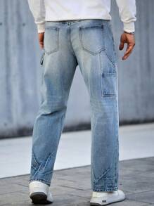 Manfinity Homme 男士简约直筒口袋休闲通勤牛仔裤，日常穿着 - 淺色水洗藍 - 查看 2